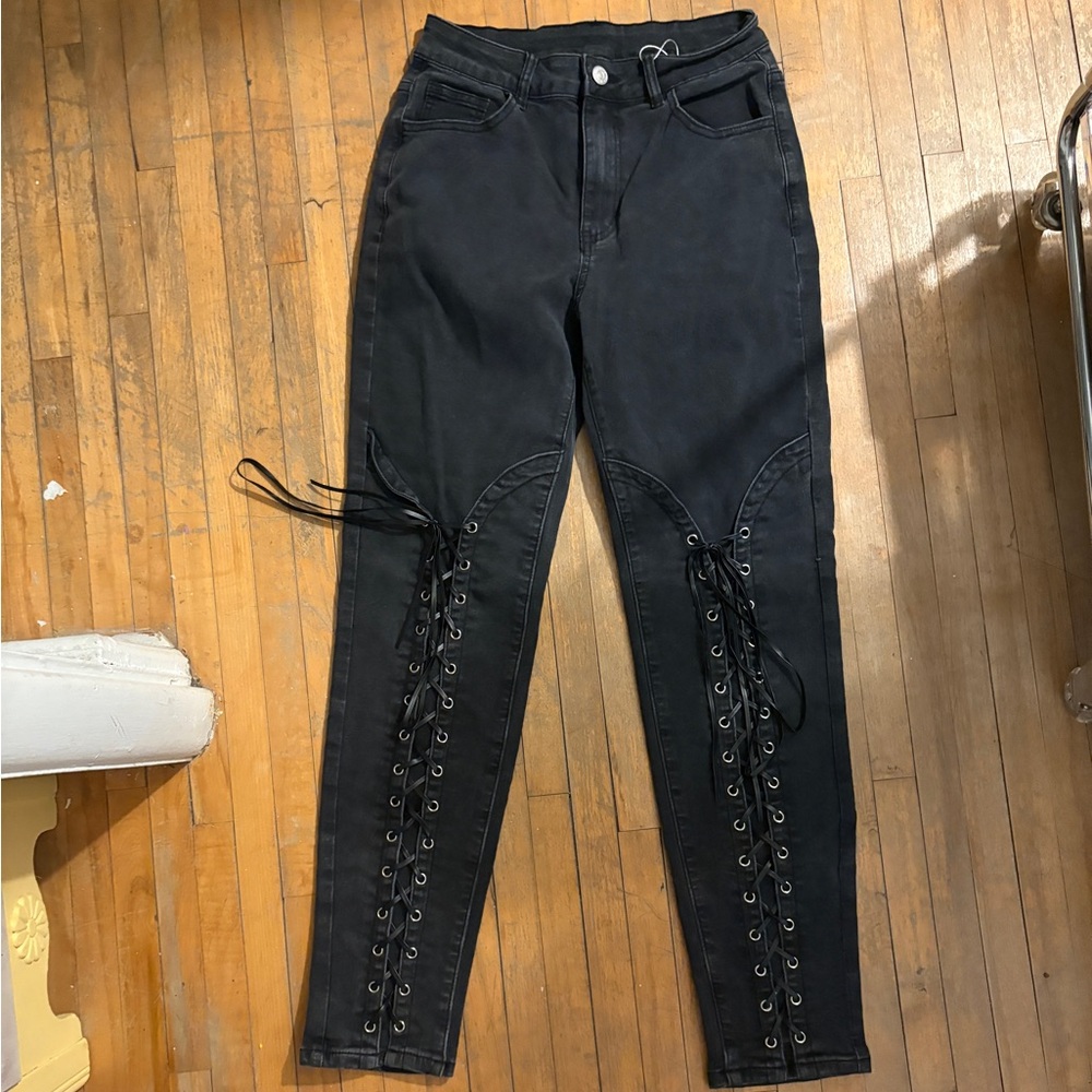 Black Lace-Up Women’s Straight Leg Jeans Size Small